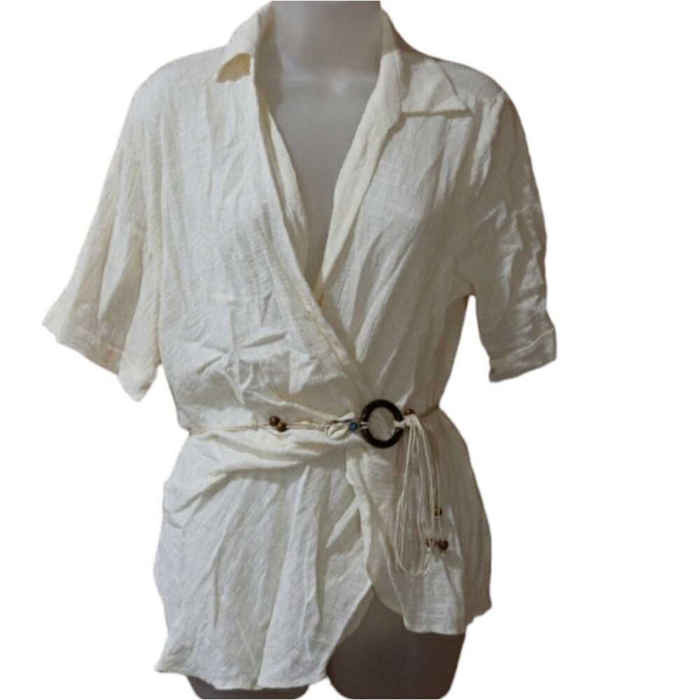 All in Favor White 100% Cotton Twist Belted Shell Belt Top NWT LG